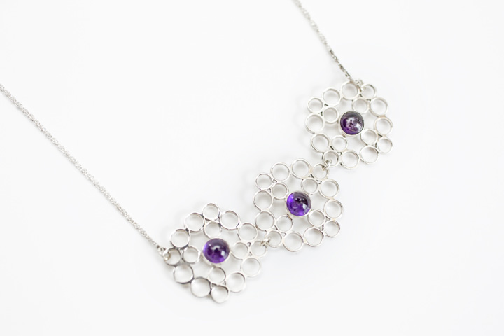Sterling Silver Triple Circle Snowflake Necklace with Amethyst Cabochons by Lily Johannsen Designs 